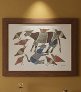 Authentic Handmade Gond Painting – Cow, Calf & Flock of Birds Tribal Art (11 × 15 Inch)