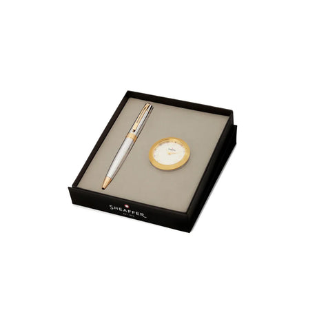 Sheaffer 300 Bright Chrome Ballpoint Pen with Desk Table Clock Gift Set - Retail Maharaj