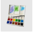 ShinHan PWC, Extra Fine Water Color Half Pan Set – 12 Colors + 6 Wells (FREE Travel Brush Included) - Retail Maharaj