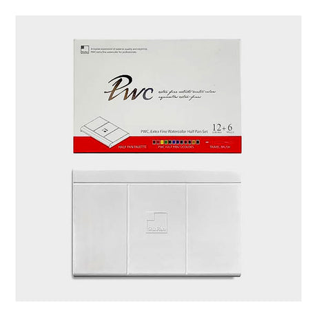 ShinHan PWC, Extra Fine Water Color Half Pan Set – 12 Colors + 6 Wells (FREE Travel Brush Included) - Retail Maharaj