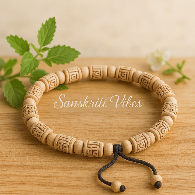 Shri Radha Carved Original Tulsi Beads Bracelet with Adjustable Thread for Divine Blessings - Retail Maharaj