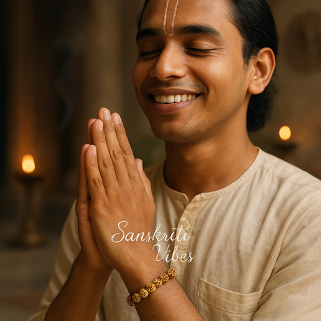 Om Carved Tulsi Beads Bracelet in Elastic Pattern – Sacred Spiritual Bracelet for Devotees - Retail Maharaj