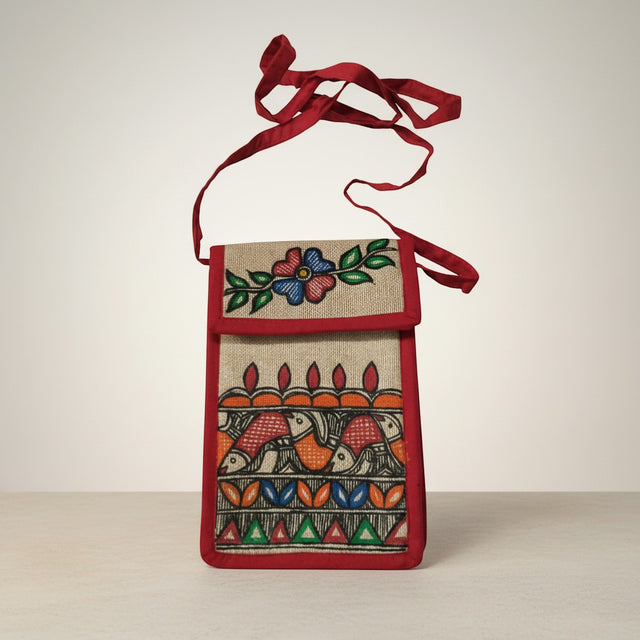 Handmade Madhubani Mobile Pouch – Jute Mithila Art Phone Bag | Eco-friendly Folk Art Accessory - Retail Maharaj