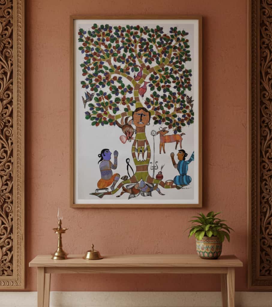 Authentic Handmade Gond Painting – Sacred Tree Worship Tribal Art (36 × 24 Inch)