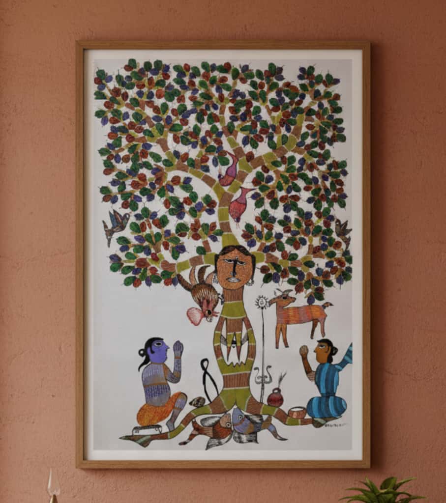 Authentic Handmade Gond Painting – Sacred Tree Worship Tribal Art (36 × 24 Inch)