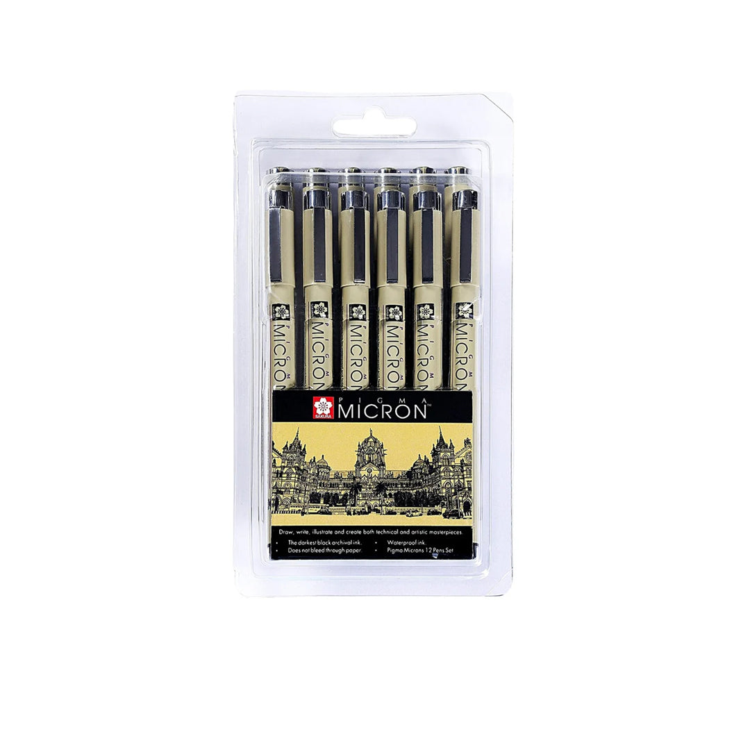 Sakura Pigma Micron Set of 12 Fineliners Assorted Nibs Black - Retail Maharaj