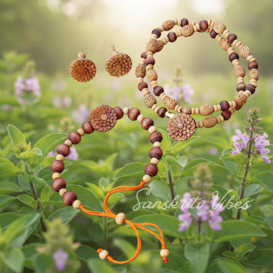 Amazing Flower Carved Tulsi Jewellery Set – Premium Quality Handcrafted Design - Retail Maharaj