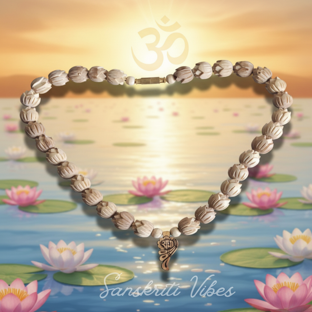 Lotus Kanthi With Radha Naam Pretty Locket – Classic Tulsi Mala for Spiritual Devotion - Retail Maharaj