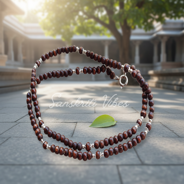 Two Round Dark Tulasi Beads Studded With Sterling Silver Beads – Vrinda Kanthi Classic Mala for Spiritual Devotion - Retail Maharaj