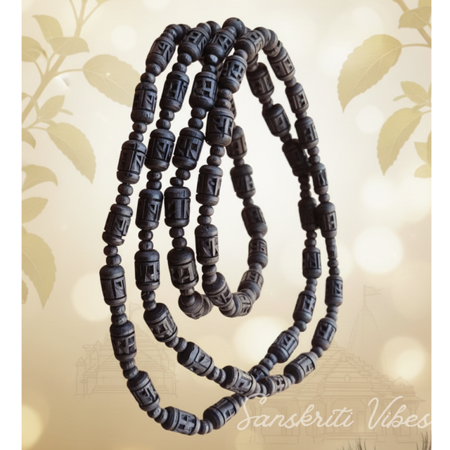 Ram Carved Black Three Round Tulsi Kanthi Mala – Sacred Mala for Spiritual Devotion - Retail Maharaj