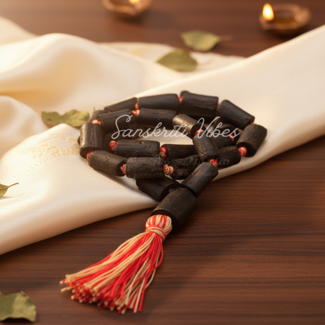 Shyama Tulsi Japa Mala 27 Beads Cylindrical Shape 25 mm - Black Tulsi Prayer Beads for Spiritual Practice - Retail Maharaj