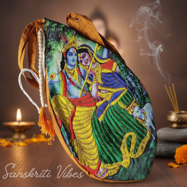 Shri Radha Krishna Embroidery Japa Bead Bag | Gomukhi Jholi | Handcrafted Chanting Bag for Meditation & Pooja - Retail Maharaj