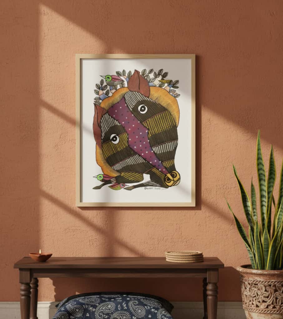 Authentic Gond Painting – Tribal Life & Community Scene (Forest Spirit) Folk Art (11 × 15 Inch)