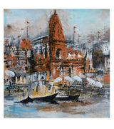 Premium Original Indian Heritage Art – Sentinel On the Ghats by Vikram Kumar Mukherjee (14"x14" Acrylic Impasto Painting)