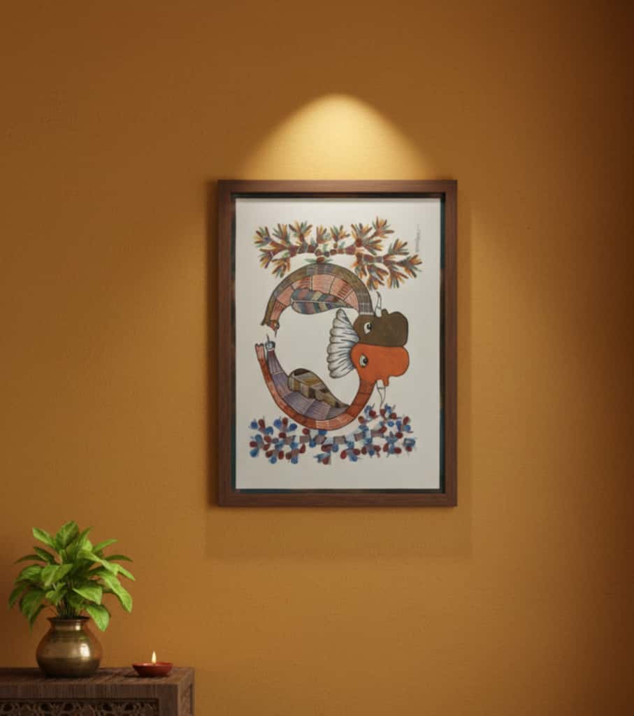 Authentic Gond Painting – Mythical Serpent/Dragon Creature Folk Art (11 × 15 Inch)