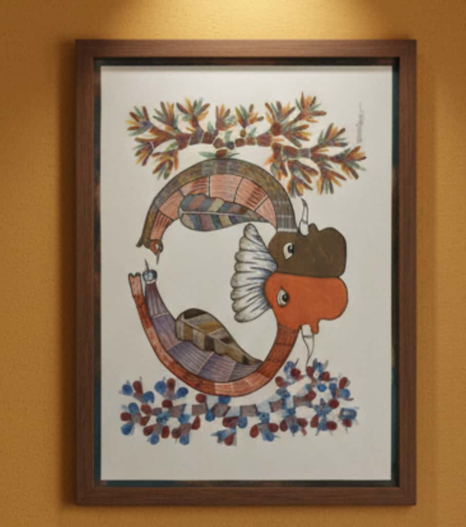Authentic Gond Painting – Mythical Serpent/Dragon Creature Folk Art (11 × 15 Inch)