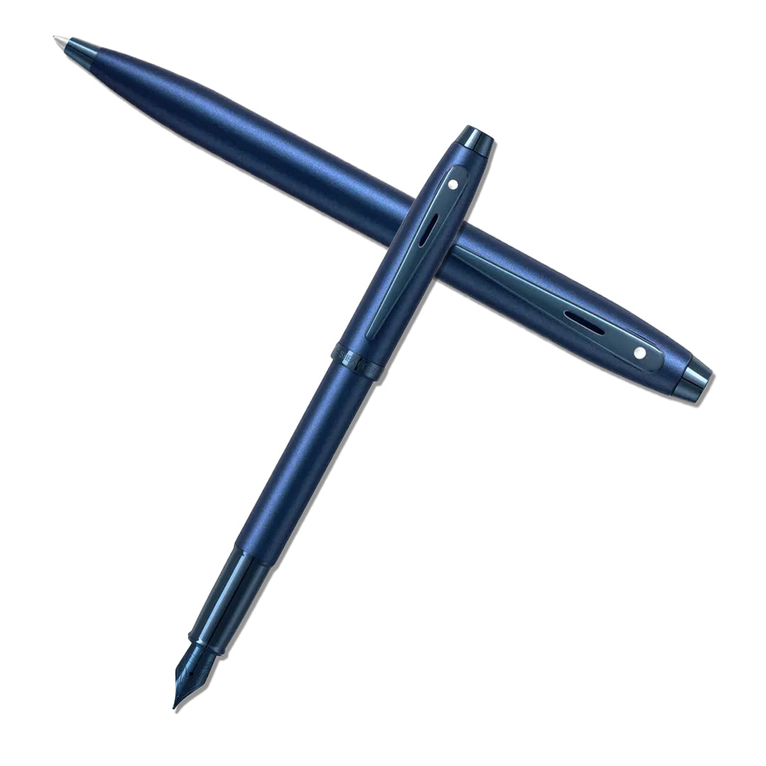 Sheaffer 100 Satin Blue Fountain Pen with PVD Blue Trim Medium Nib - Retail Maharaj