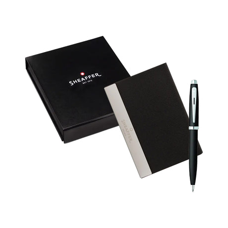 Sheaffer 100 Ballpoint Pen and Business Card Holder Gift Set Brushed Chrome - Retail Maharaj
