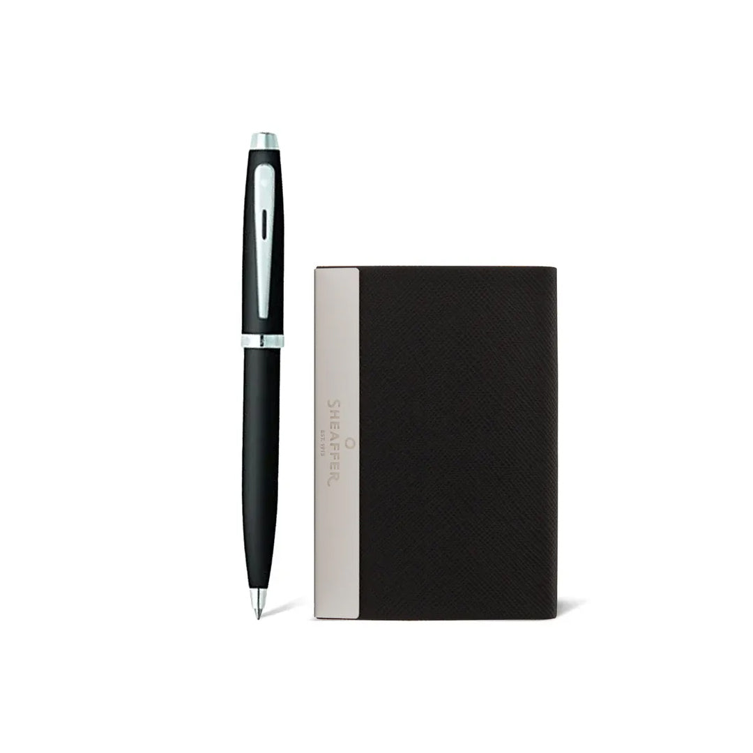 Sheaffer 100 Ballpoint Pen and Business Card Holder Gift Set Brushed Chrome - Retail Maharaj