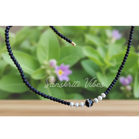 Black Stone with White Moti Tulsi Kanthi Mala | Handcrafted Spiritual Necklace for Peace, Purity and Protection - Retail Maharaj