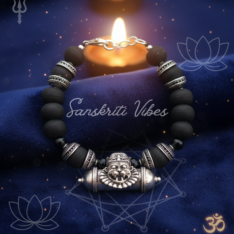 Narasimha Kavach with Black Tulsi Beads Bracelet in Silver – Divine Protection Jewelry - Retail Maharaj