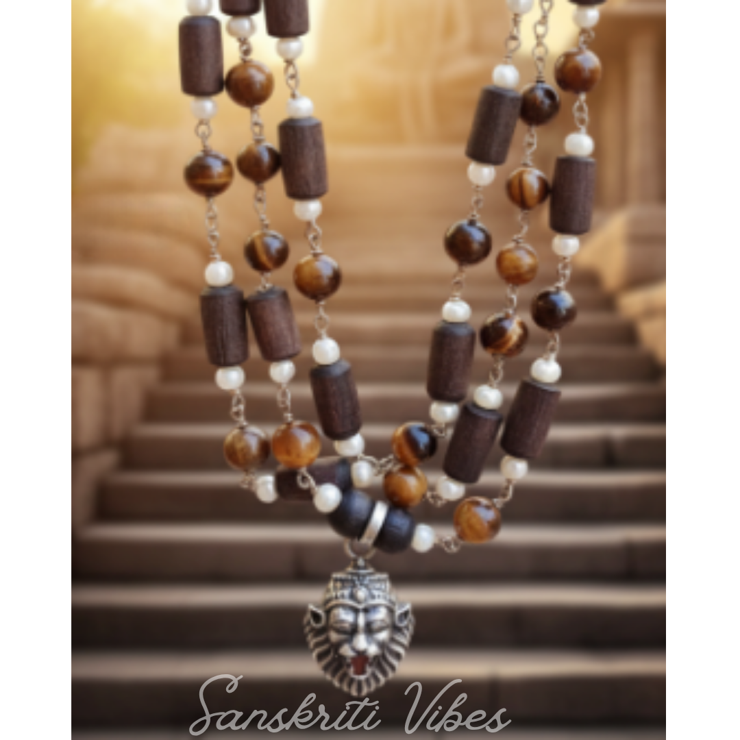 Sterling Silver Narasimhadev Prabhu Locket with Silver Capped Tulsi Mala Spiritual Rosary for Devotion