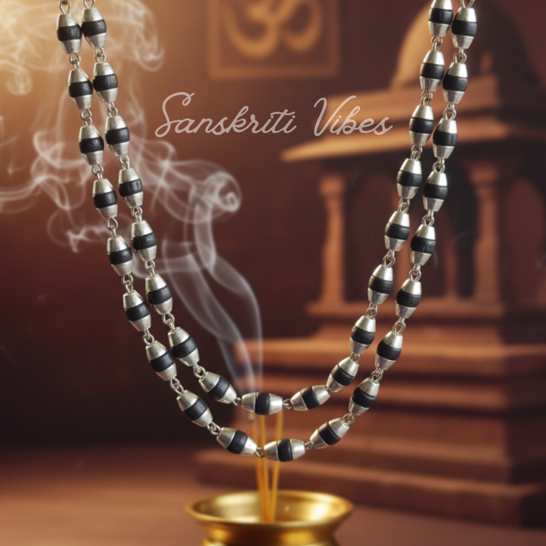Sterling Silver Black Rosary Beads with Silver Cap Tulsi Mala – 24 Inches - Retail Maharaj
