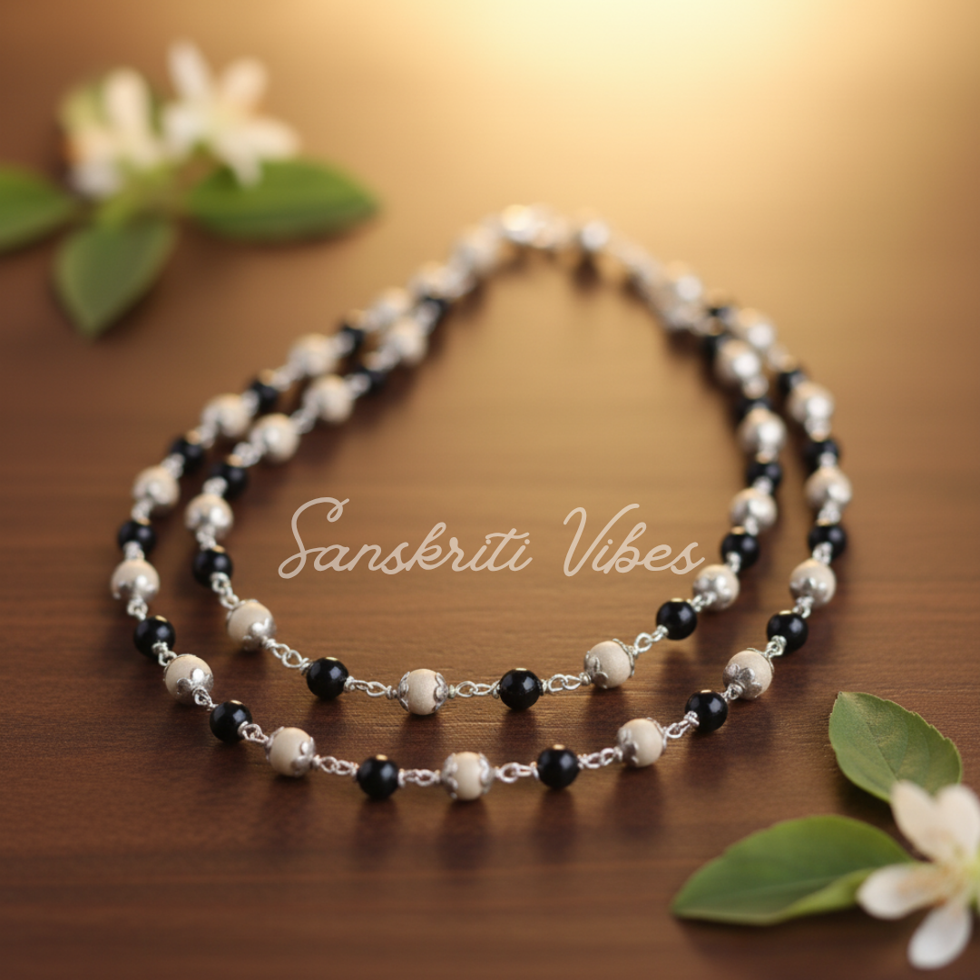 Sterling Silver Chain with Tulsi Rosary Beads and Black Pearl – 24 Inches, 9.20 gm - Retail Maharaj