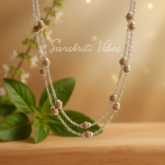 Sterling Silver & Natural Tulsi Basil Rosary Beads Chain – Handcrafted Lightweight Spiritual Necklace (5.25 gm) - Retail Maharaj
