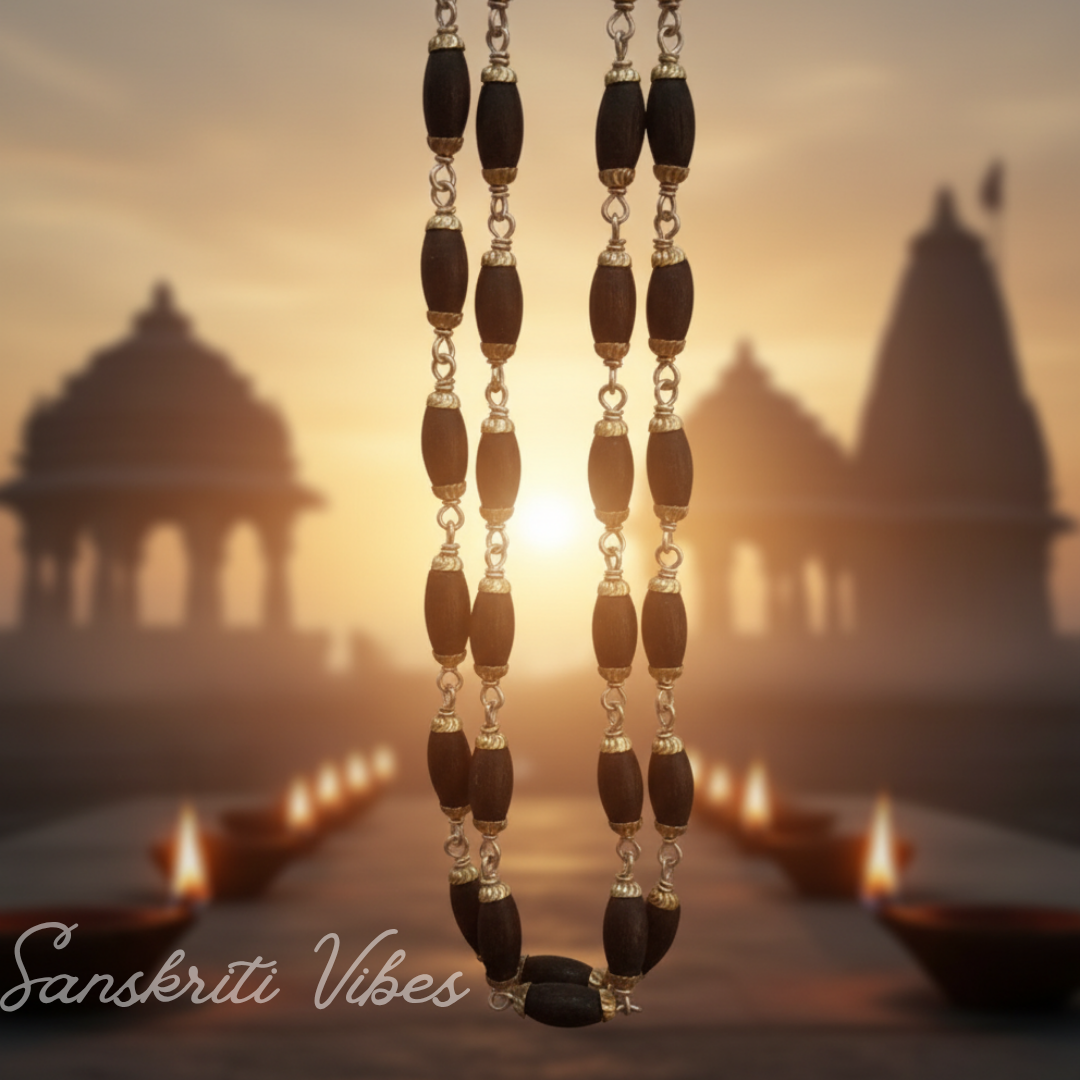 Mridang Shaped Long Dark Tulsi Beads Silver Tulsi Kanthi Mala – Handcrafted Spiritual Necklace for Meditation & Devotion - Retail Maharaj