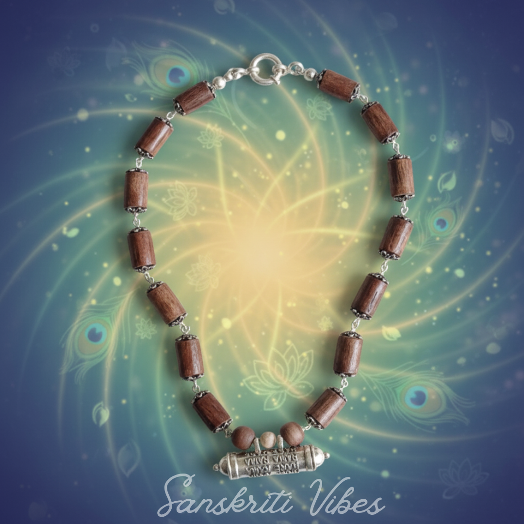 Silver Hare Krishna Maha Mantra Kavach Pendant Tulsi Mala – 20 Inch 92.5% Pure Silver Cylindrical Beads Spiritual Jewelry - Retail Maharaj