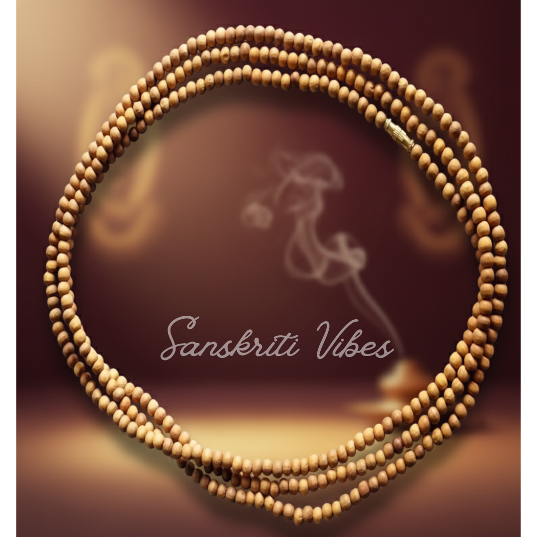 Three Round Pure Chandan Mala for Neck White Sandalwood Mala Natural Spiritual Healing Daily Wear Necklace