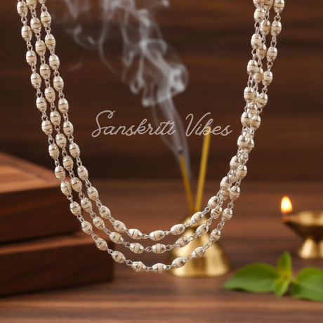 Sterling Silver & Natural Tulasi Basil Rosary Beads Chain – 24-Inch Handcrafted Spiritual Necklace (2 mm Beads, 92.5% Silver) - Retail Maharaj
