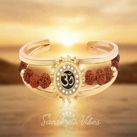 Gold Om Sun Cuff Rudraksha Kada Adjustable Spiritual Bracelet for Men and Women - Retail Maharaj