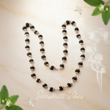 Sterling Silver Black Tulsi Beads Kanthi Mala – 24 Inch Handmade Spiritual Necklace, 92.5% Pure Silver - Retail Maharaj