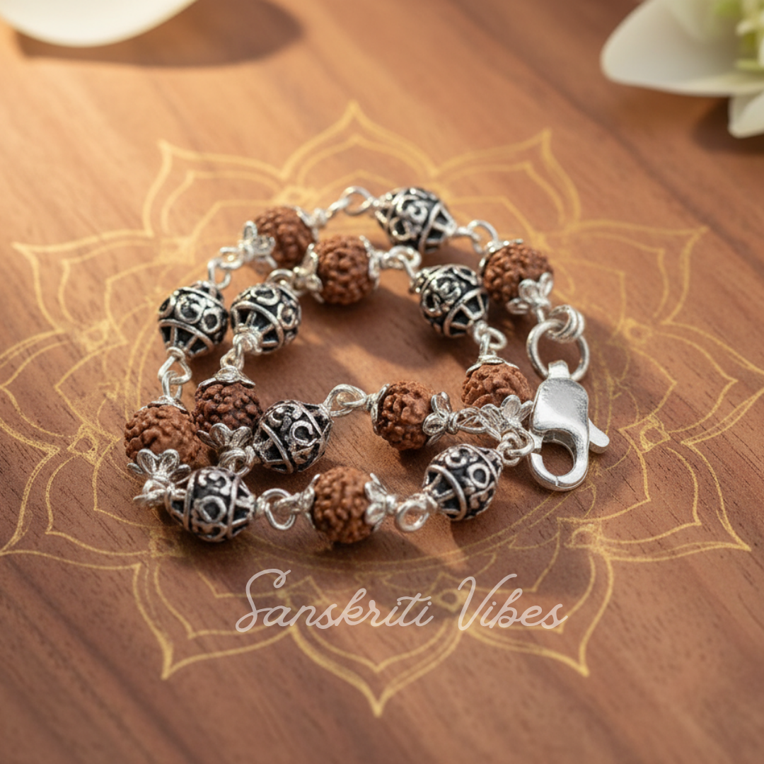 Silver Om Carved Rudraksha Bracelet – Divine Spiritual Jewelry - Retail Maharaj