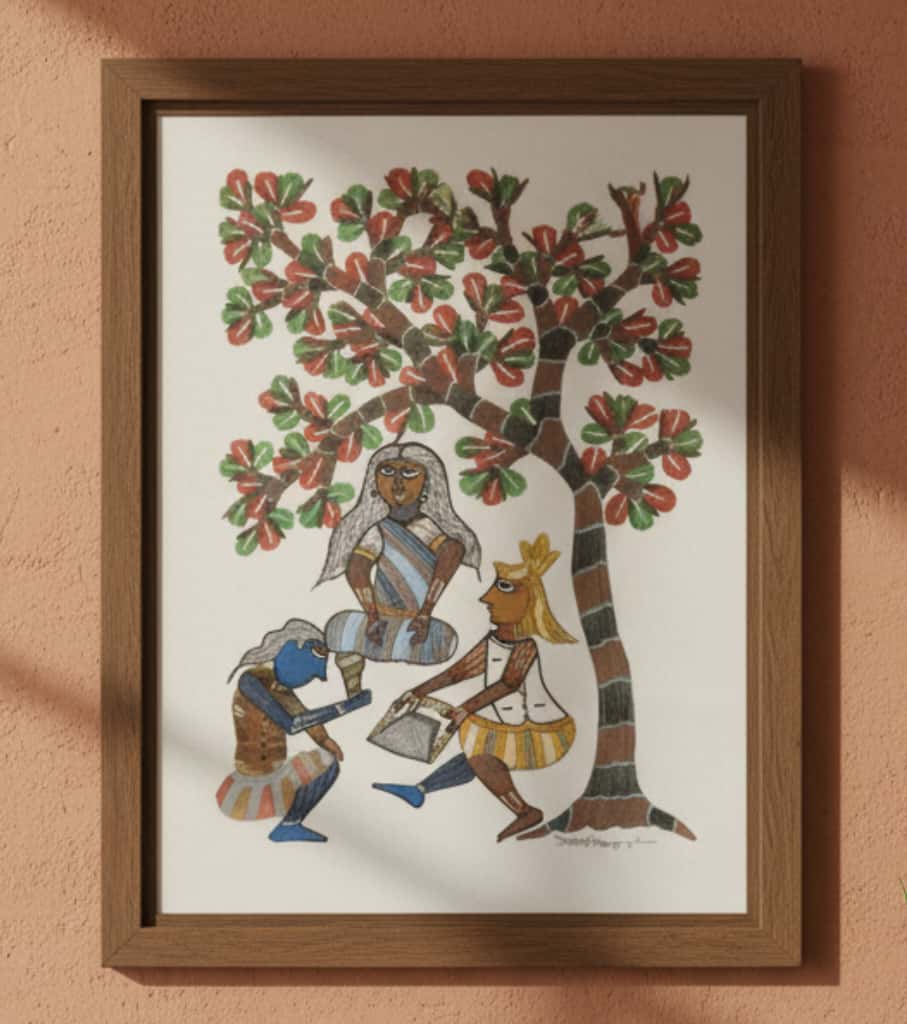 Authentic Gond Painting – Tribal Storytelling Scene Under a Tree Folk Art (11 × 15 Inch)