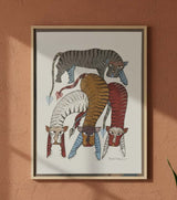 Authentic Gond Painting – Four Stylized Tigers Folk Art (11 × 15 Inch)