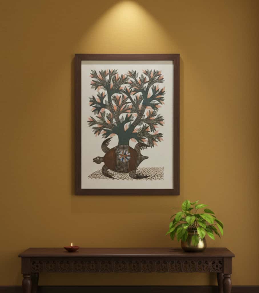 Authentic Gond Painting – Tortoise & Tree of Life Art Handmade Tribal Folk Art (11 × 15 Inch)