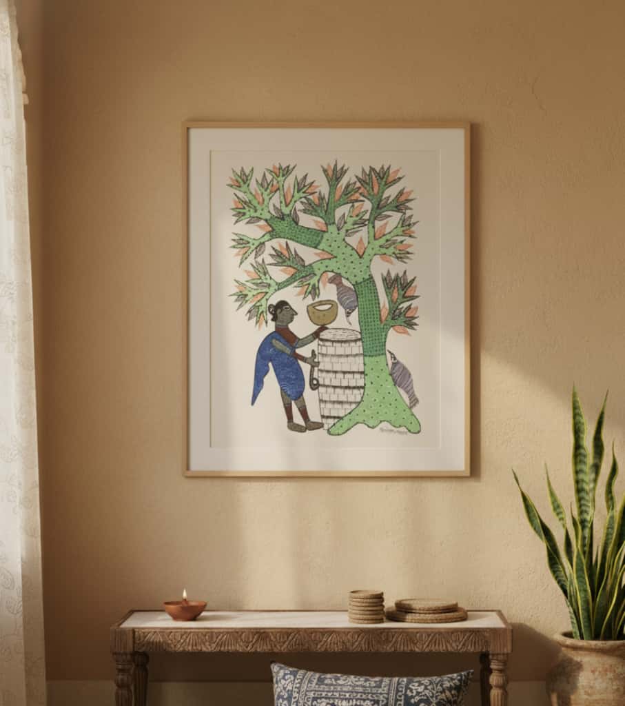 Authentic Gond Painting – Tribal Figure, Water Source & Tree Folk Art (11 × 15 Inch)