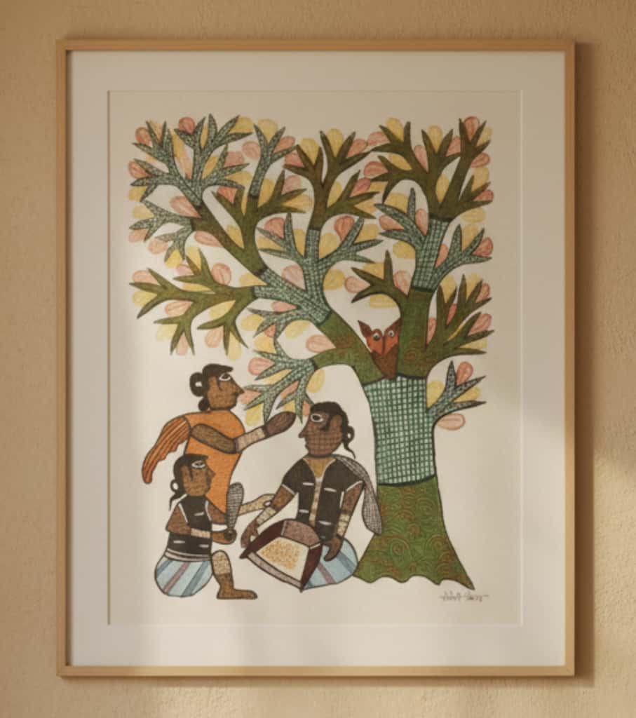Authentic Gond Painting – Tribal Family Under Tree Handmade Folk Art (11 × 15 Inch)