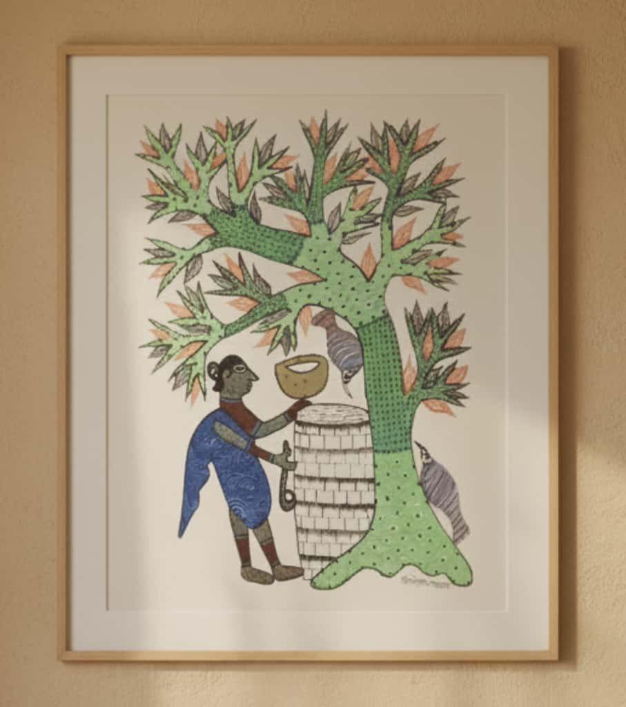 Authentic Gond Painting – Tribal Figure, Water Source & Tree Folk Art (11 × 15 Inch)