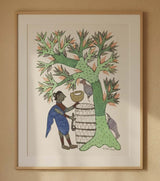 Authentic Gond Painting – Tribal Figure, Water Source & Tree Folk Art (11 × 15 Inch)