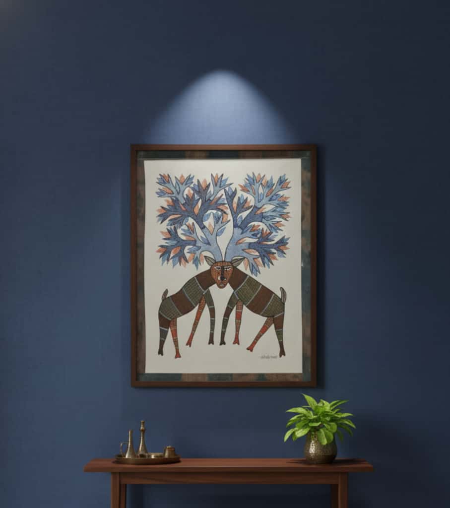 Authentic Gond Painting – Two Deer With Merged Antlers Trees Tribal Art (11 × 15 Inch)