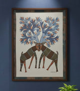 Authentic Gond Painting – Two Deer With Merged Antlers Trees Tribal Art (11 × 15 Inch)
