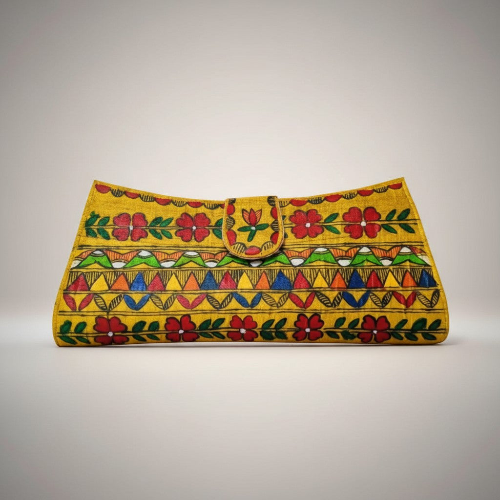 Handmade Madhubani Golden Flap Clutch – Silk Mithila Art Ethnic Handbag | Traditional Indian Accessory - Retail Maharaj