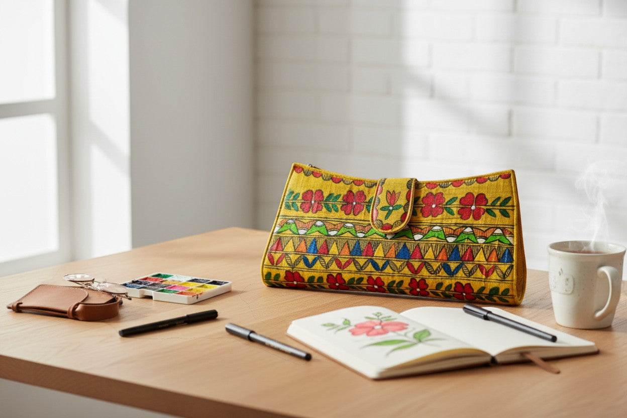 Handmade Madhubani Golden Flap Clutch – Silk Mithila Art Ethnic Handbag | Traditional Indian Accessory - Retail Maharaj