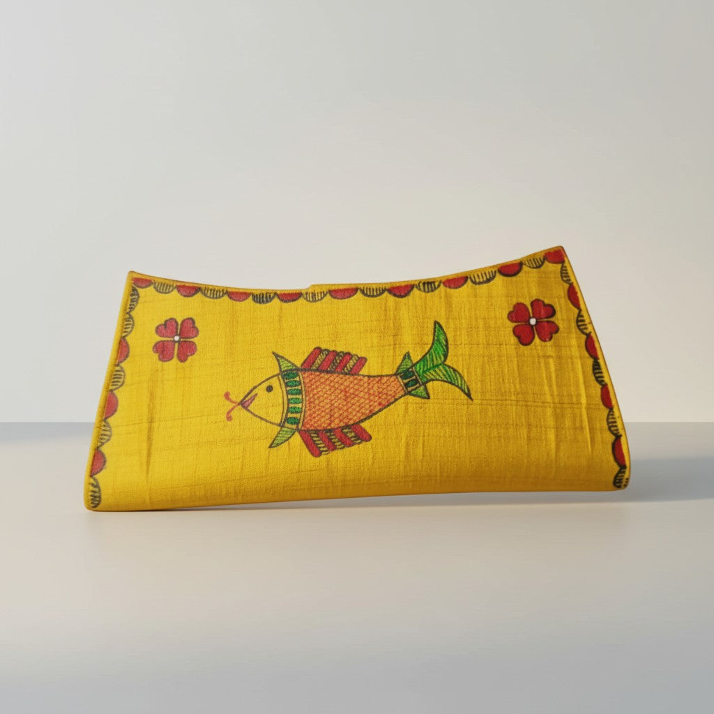Handmade Madhubani Golden Flap Clutch – Silk Mithila Art Ethnic Handbag | Traditional Indian Accessory - Retail Maharaj