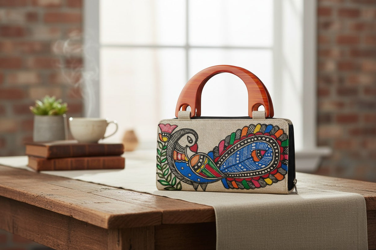 Handmade Jute Handle Bag with Madhubani Art | Eco-friendly Mithila Painting Ethnic Handbag - Retail Maharaj