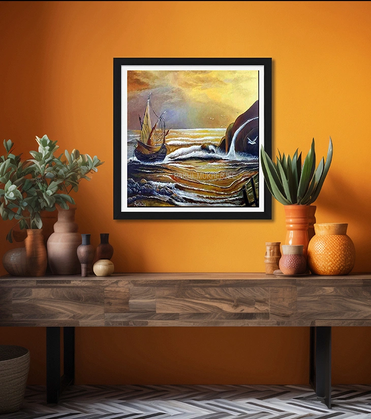 Golden Voyage Original Mixed Media Canvas Painting by Rakhi Mukherjee (18 × 24 Inch)
